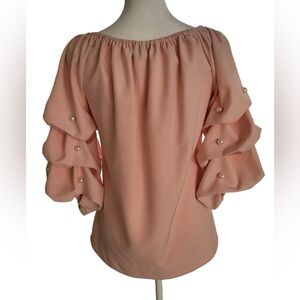 CeCe Pink Ruffled 3/4 Sleeve Blouse‎ with Pearls Size S